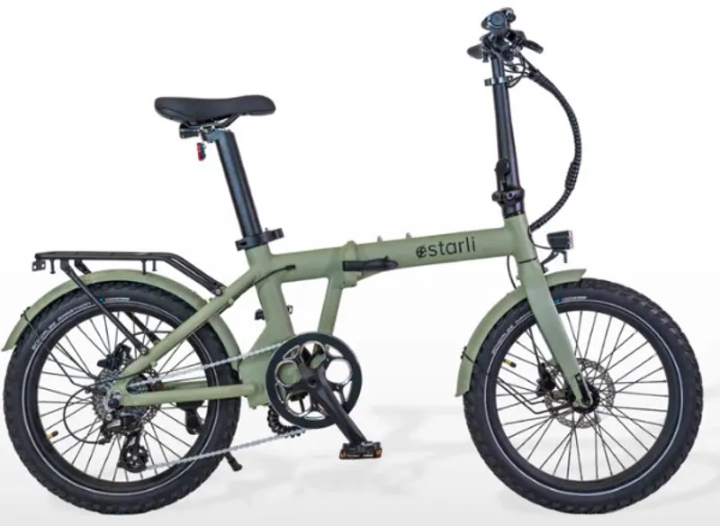 2025 ESTARLI E20.8 PLAY PRO ELECTRIC FOLDING BICYCLE WITH RACK AND CHUNKY OFF ROAD TYRES IN SAGE GREEN